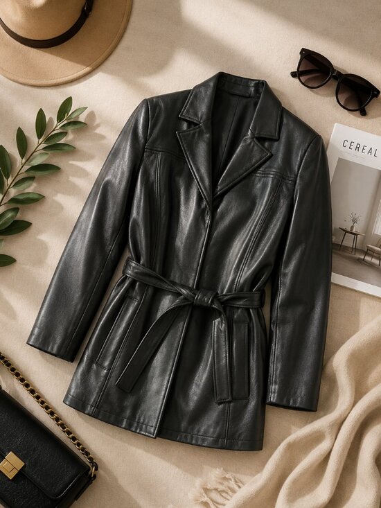 modern essentials Jackets & Blazers - Modern Essentials Black Faux Leather Belted Jacket – Size Medium, Minimalist